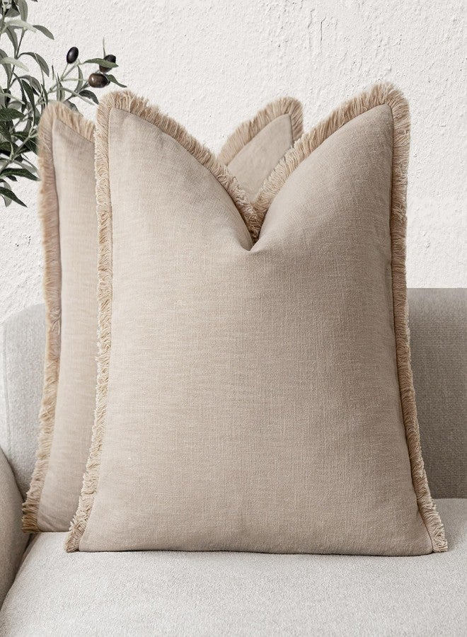 Foindtower Set of 2 Decorative Linen Fringe Throw Pillow Covers Boho Farmhouse Cushion Cover with Tassels Accent Pillowcase for Couch Chair Sofa Bed Living Room Home Decor,22×22 Inch,Tan Beige - Image 1